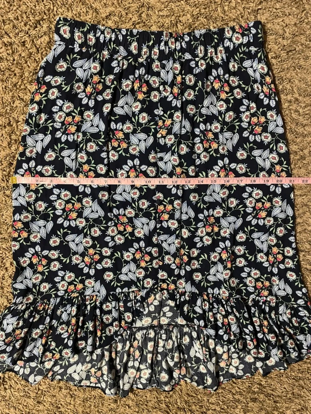 LOFT Petites Womens Medium MP Navy Floral Ruffle Hem Midi Rayon Skirt Modest